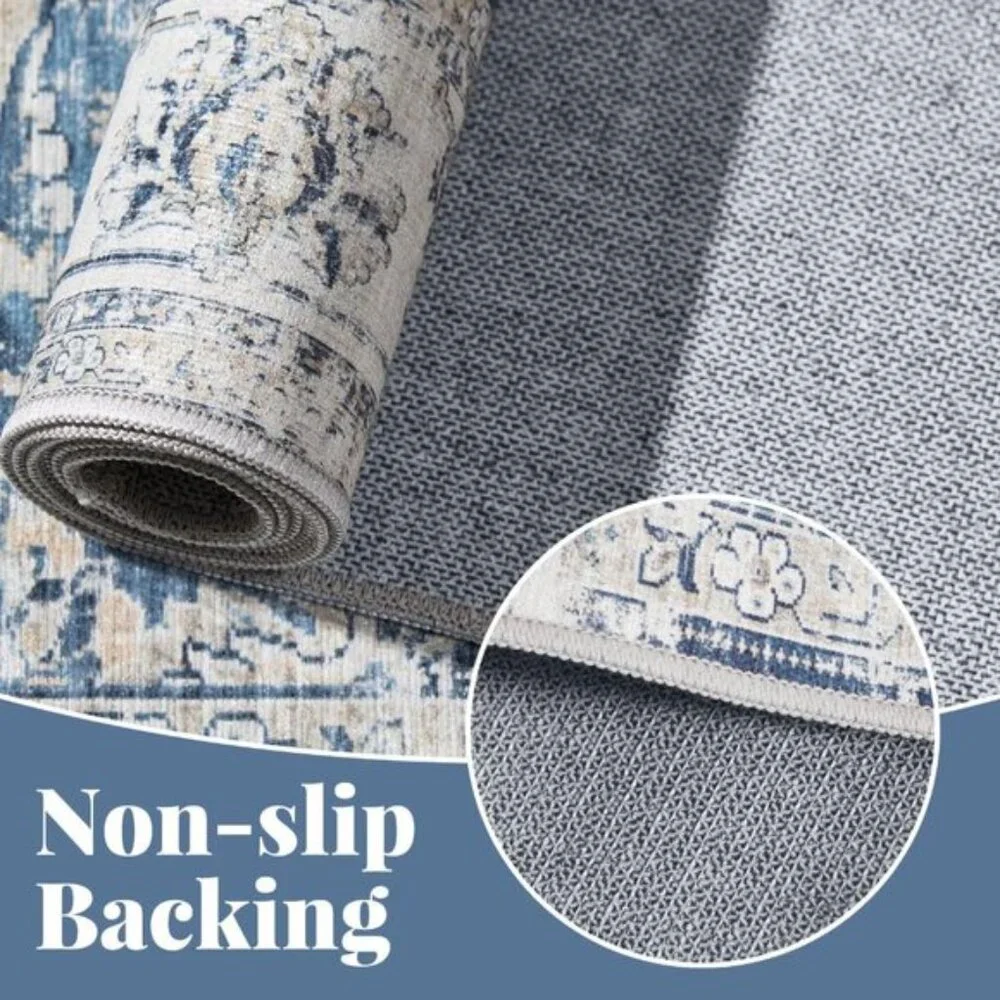 New 2x10 Dark Blue Runner Rug, Washable Vintage Floral Hallway & Kitchen Carpet
